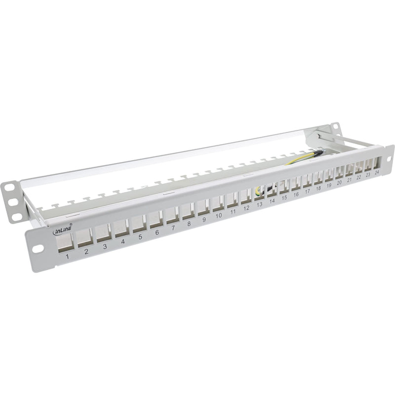 InLine® patch panel 24 compartments, Keystone empty metal patch panel with pull-out, 19", 1U, light gray RAL7035