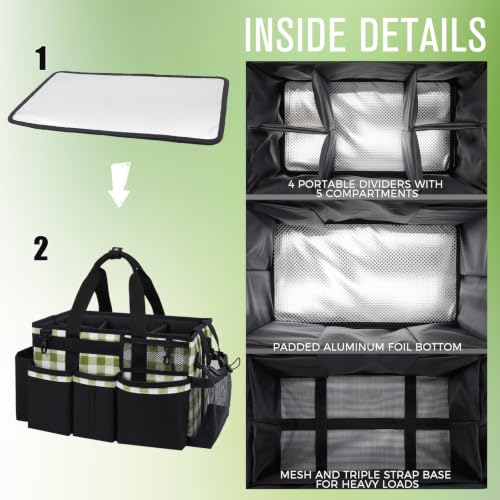 SCAVATA Wearable Cleaning Caddy, Cleaning Caddy Supplies Organizer with Handle & Shoulder Straps for Housekeepers, Under Sink & Car Cleaning Tool Organizers Bag with 4 Foldable Divider (GreenPlaid) GreenPlaid