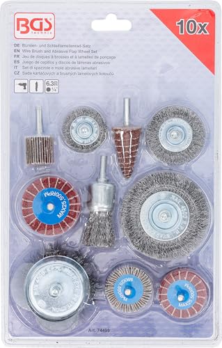 BGS 74499 Brush and Grinding Flap Wheel Set 10 Pieces | For bar grinders and drills, 6.3 mm (1/4 inch) holder, wire brushes, flap wheels, flap discs
