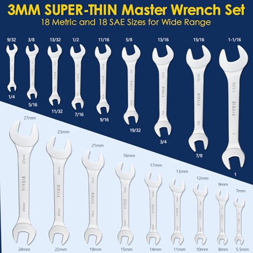 YIYEIE 18Pcs Super-Thin Wrench Set, 3mm Ultra-Slim Open End Wrenches Metric & SAE 18PCS Thin Wrench Set Silver