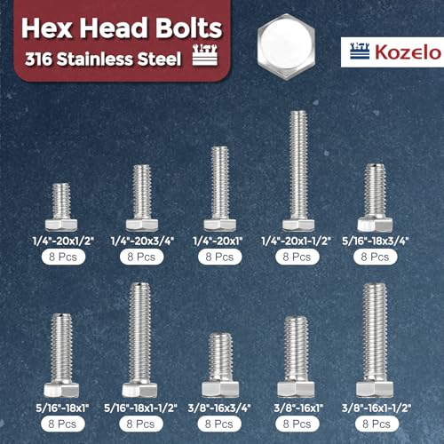 80 Pcs Hex Head Screws Bolts - 1/4",5/16",3/8" 316 Stainless Steel