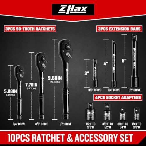 zhax 10-Piece Ratchet Set, 1/4”, 3/8”, 1/2” Drive 90-Tooth Ratchets & Accessories, Quick Release Reversible Ratchet Wrenches with Extension Bars & Socket Adapters for Repairing Home DIY