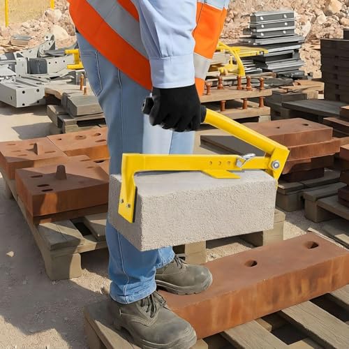 Adjustable Heavy Duty Brick Tongs Set Heavy Duty Block Tongs with Rubber Pad Handle and Work Gloves Adjustable 9-13.7 Inches Paver Tool for Bricks Lifting Carrying (Yellow) Yellow