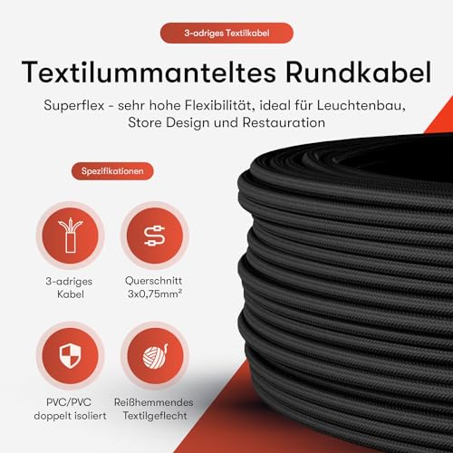 Textile Cable for Lamps, Textile-Coated Round Cable, Three-Core, 3 x 0.75 mm², Gold, black 5 metres
