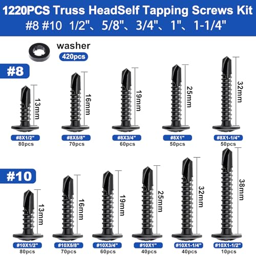 Taiss 1220PCS Self Tapping Screws for Metal,#8#10 410 Stainless Steel Black 1220PCS