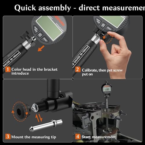 Digital Dial Bore Gauge Set, High Precision Measures 2-6 inch/0.0005" Includes Self-Centering Dial Bore Gauge with Carbide Anvils for Deep Engine Cylinder Measurement 12 Anvils, 1 Measuring Rod