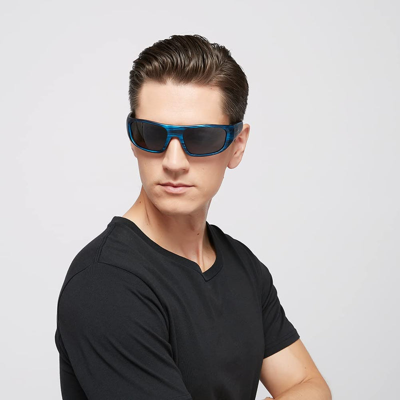 OhO Smart Glasses,Polarized Sunglasses with Bluetooth Speaker,Athletic/Outdoor UV Protection and Voice Control,Unisex(Grey Lens) Stripe Blue Frame-black lens