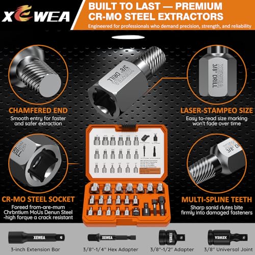 XEWEA 22PCS 3/8" Drive Screw Extractor Set, Bolt Remover Kit
