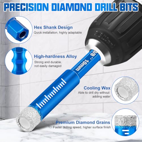 38 Pcs Diamond Drill Bits Set, Professional Concrete Drill Bit Set, Multiple Sizes Masonry Drill Bit Set, Industrial Strength Carbide Drill Bits Tip for Ceramic Glass Porcelain Tile Metal Plastic Wood 38 Pcs, Blue