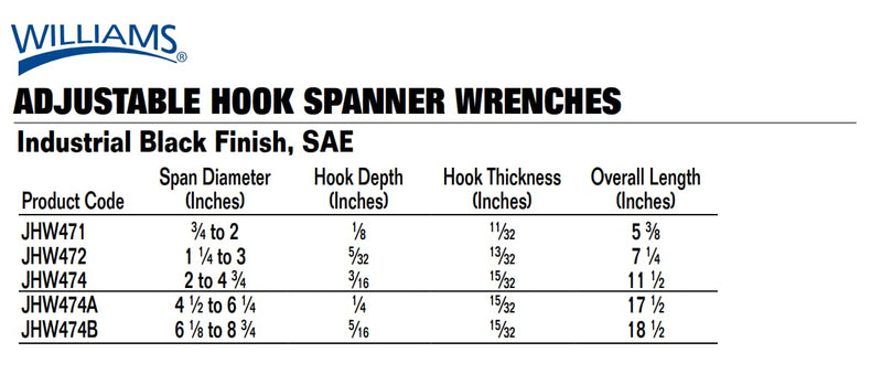 Williams JHW474 Adjustable Hook Spanner Wrench with Span Diameter of 2 to 4-3/4-Inch, Ideal for Adjusting Collars, Lock Nut Rings, and Bearings Span Diameter: 2 to 4 3/4 Inch