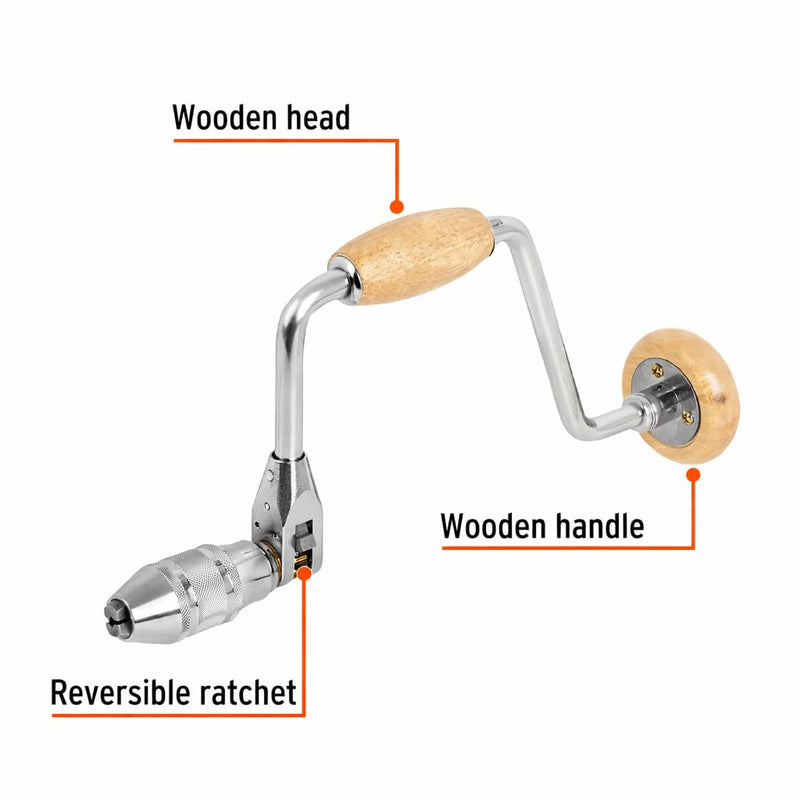 Truper Professional Brace Drill, 12-Inch Length, Wood Barrel & Crank with Wood Knob, Reversible Ratchet for Drilling & Screwing Wood (Model BC-12M / 10970)