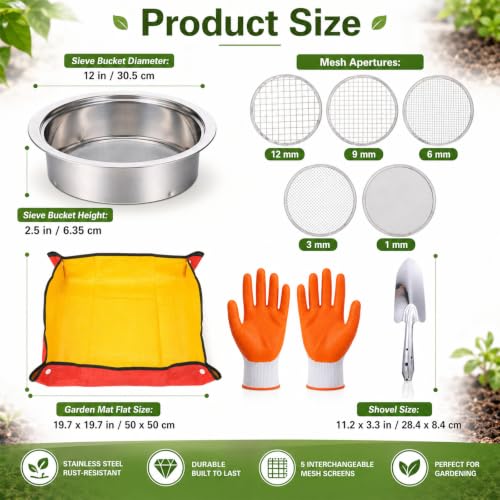 9 PCS Stainless Steel Garden Soil Sifter Set for Rocks Sand Compost