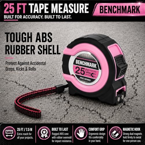 Benchmark - Pink - 3 Pack - 25 ft Tape Measures - Easy to Read Fractions to 1/8th inch - Magnetic Tip - Thumb and Quick Lock - Autowind - Belt Clip