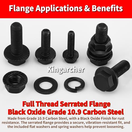 Kingarcher 320 Pcs Metric Nuts and Bolts Assortment Kit, Grade 10.9 Black Flange Hex Bolts M6x1.0 M8x1.25 M10x1.5 (12-30mm), Alloy Steel Hex Nuts Flat Spring Lock Washers, Storage Case, Automotive Flange Bolt & Nut Set G10.9 – 320 PCS
