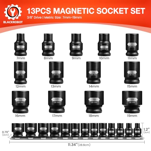 BLACKROBOT 3/8" Drive Magnetic Impact Socket Set, 13-Piece Shallow Socket Set with Storage Rail, Metric Size 7mm-19mm, 6 Point Magnetic Sockets, Cr-Mo Steel 3/8" Dr Metric 13P