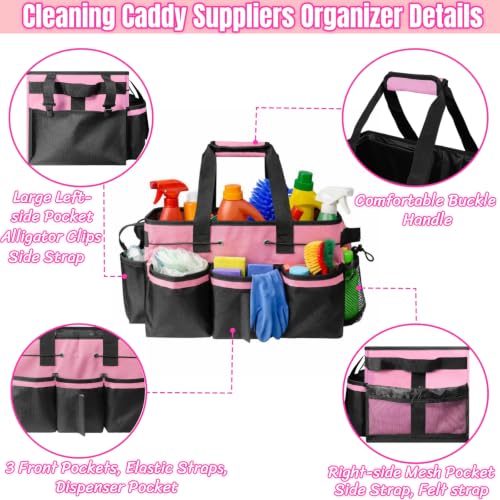 BLIRITEL Large Cleaning Caddy Bag with Handle, Cleaning Caddy Organizer with Shoulder Strap, Multi-Compartment Cleaning Supply Tote for Cleaners & Housekeepers (Pink) Pink