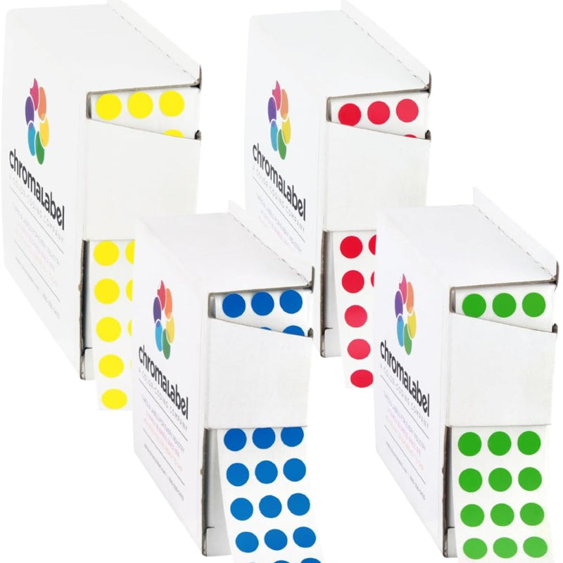 ChromaLabel 1/4 Inch Circle Sticker Labels, Easy to Write on Stickers with Handy Dispenser, Round Color Coding Labels - 1000 Sticky Dots per Dispenser Box, Yellow, Red, Dark Blue, and Green Color 1/4" 4 Colors - Dark Blue, Green, Red, Yellow