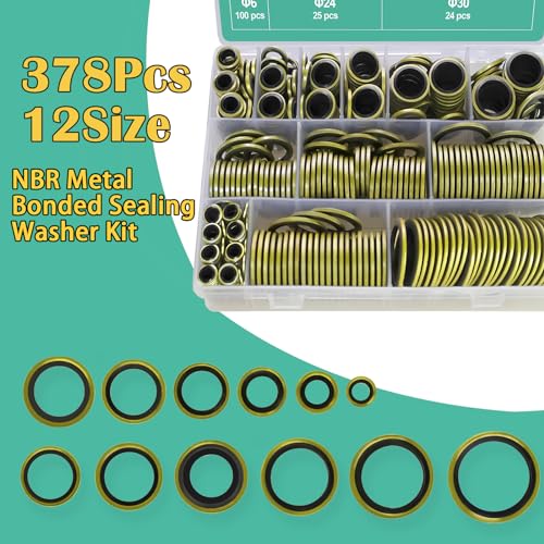 XBVV 378 Pcs NBR Metal Bonded Sealing Washer Assortment Kit M6 M8 M10 M12 M14 M16 M18 M20 M22 M24 M27 M30 Automotive Self-Centred Seal Gasket Repair Set