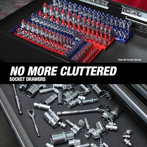 OEMTOOLS 22237 6-Pc SAE & Metric Socket Tray Set for Sizes 1/4", 3/8”, 1/2" Red and Blue