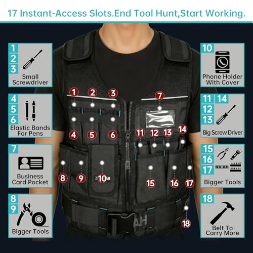 N NOAH Heavy-Duty Tool Vest for Men, Adjustable Size, 1680D Ballistic Fabric, Breathable Construction Vest with Reflective Stripes, Multi-Purpose Pockets for Electrician, Carpenter, Outdoor Activities