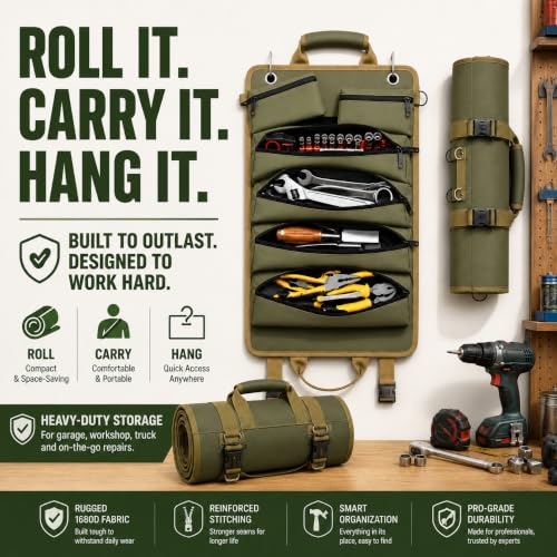 Roll Up Tool Bag, Heavy Duty Portable Organizer for Mechanic, Electrician, and Hobbyist, Green (Military Green-1680D) Military Green-1680D