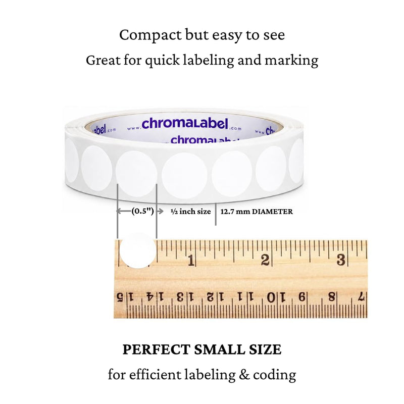 ChromaLabel White Dot Stickers, 1/2 Inch Round Sticker Labels, Permanent Semi-Gloss Paper Dots, 1000 per Roll for Labeling, Inventory, Classroom, Office, Crafts 1/2"