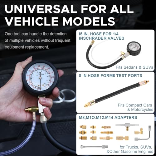 Fuel Pressure Tester Kit 0–140 PSI, Fuel Injection Pressure Tester & Fuel System Pressure Gauge Kit with Hoses and Adapters for Gasoline Cars Trucks Motorcycles（Red） （TU-114Red）