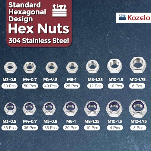 365pcs[M3 M4 M5 M6 M8 M10 M12] Hex Nuts Assortment Kit SS304 M3/M4/M5/M6/M8/M10/M12 365