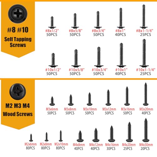 weideer 1095pcs Self Tapping Screws #8#10 M2 M3 M4,410 Stainless Steel Black Oxide Truss Head and Carbon Steel Phillips Pan Head Self Tapping Screws Assortment Kit