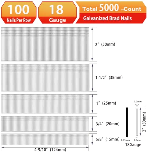 18 Gauge Brad Nails,Galvanized,2",1-1/2",1",3/4",5/8":5000pcs 5 Sizes(2",1-1/2",1",3/4",5/8")---5000pcs