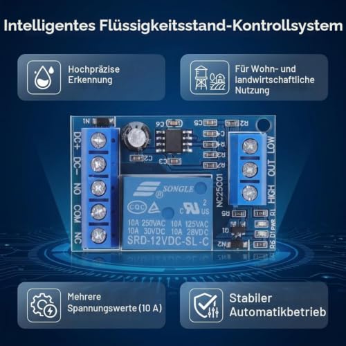 Automatic Water Level Controller Module with Liquid Level Sensor, DC 12 V, Relay Board for Pump Control, 44 x 29 x 19 mm, 10 A Load