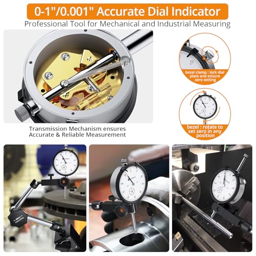 Neoteck Dial Indicator 0-1in/0.001in with 132lbs/60kg Magnetic Base Mini-132lbs/60kg Tensile Force Silver