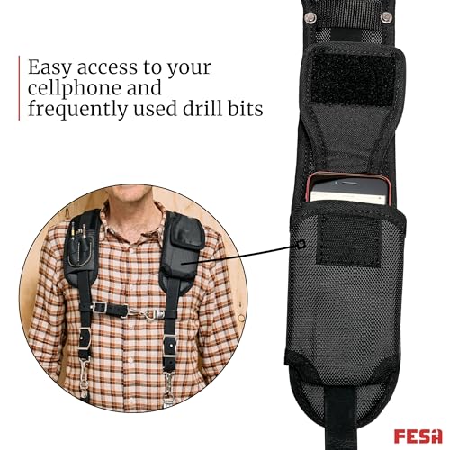 FESA Leather Tool Belt Suspenders for Men with Breathable Mesh Padding, Front Pockets & 4 Loops for Attachment to Work Belts Black