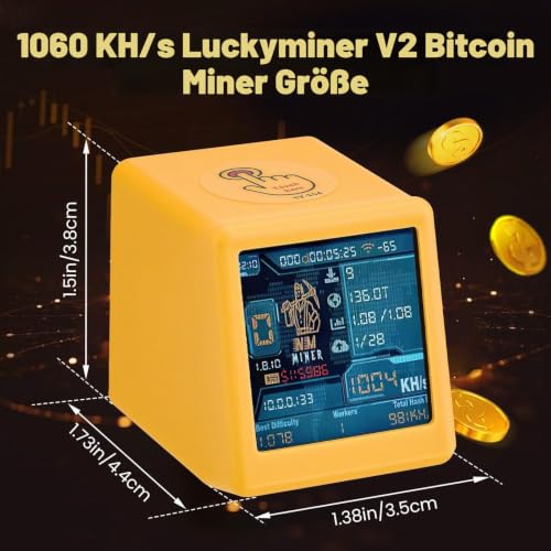 Luckyminer V2 Bitcoin Miner - 1060 KH/s Solo Lottery Miner with ESP32-WROOM-32, 1.54 Inch Display & Hash Rate Calculator - Plug & Play USB Miner for Home, Office & as a Table Clock (Compatible with V2