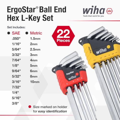 Wiha 22 Piece ErgoStar Ball End Hex L-Key Set, Allen Wrench Set Hex L-Key Inch & Metric ErgoStar Set, 22 piece