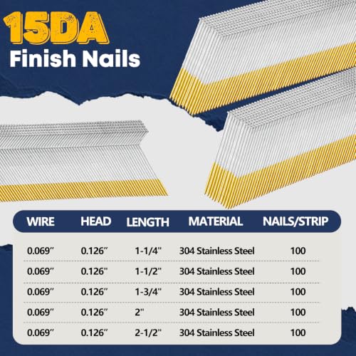 15DA 304 Stainless Steel 34° Angled Finish Nails 1200 Count 2-1/2" 2-1/2" 1200