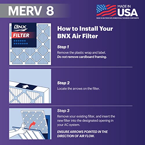 BNX TruFilter 16x25x1 Air Filter MERV 8 (4 Pack) - MADE IN USA – Dust & Pet Defense Electrostatic Pleated Air Conditioner HVAC AC Furnace Filters for Dust, Pet, Mold, Pollen MPR 600 – 700 & FPR 5 16x25x1 4-Pack