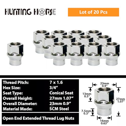 Set of 32 7/16x20 Chrome Open End Extended Thread ET Lug Nuts, 1.07" Tall, 0.9" Width, Cone Seat Silver 32pcs