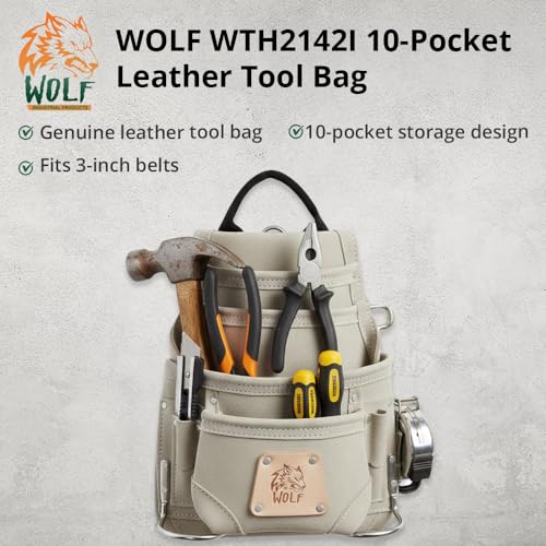 WOLF WTH2142I Heavy-Duty Genuine Reversed Leather 10-Pocket Tool Bag | Bolsa Cuero Para Hombres | Contractors Carpenters Handyman | Tool bag for Men | Bolsa de Trabajo de Cuero | Grey Suede