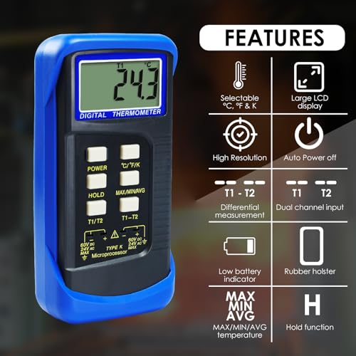 Dual Channel Thermocouple Thermometer Digital Temperature K Type Thermometer with 4 Probe (Wired & Stainless Steel) -50~1300°C (-58~2372°F) Range Temperature Meter Gauge Blue