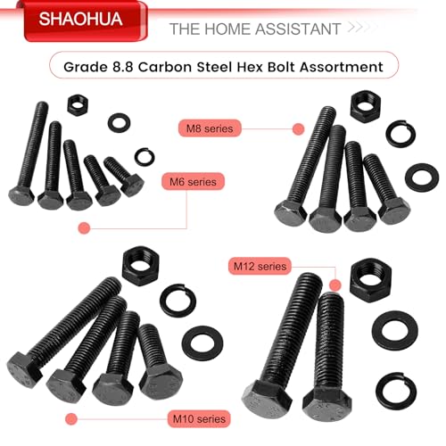 M6 M8 M10 M12 Metric Bolts and Nuts Assortment Kit 16MM to 60MM Grade 8 Hex Head Nuts Bolts Washers Assortment 15 Metric Sizes Nuts and Bolts Assortment Kit with Storage Case, 232PCS, Black Black- 232PCS M6 M8 M10 M12