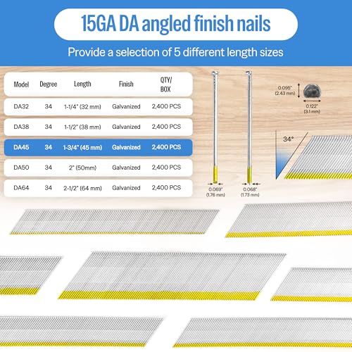 meite 15 Gauge 34 Degree Finish Nails Set 2-1/2 Inch & 1-3/4 Inch Galvanized Angled Finishing Nails for Finish Nailer Gun - Cabinet Crown Baseboard Door Trim