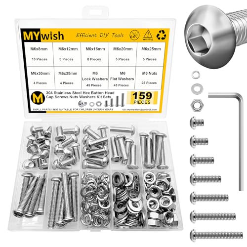 Mywish M6 Screw M6 x 25mm 30Pcs Flat Head Bolt Hex Socket Cap Screws Bolts &159-Piece M6 Screw Assortment Kit - 304 Stainless Steel Button Head Socket Cap Metric Screws, Bright Finish & Hex Spanner