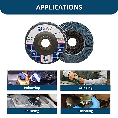 Benchmark Abrasives 4.5" Premium Zirconia Type 27 Flap Discs Grinding Wheels for Sanding Stock Rust Removal Finishing Grinding Deburring Stainless Steel, 7/8" Arbor (10 Pack) - 60 Grit