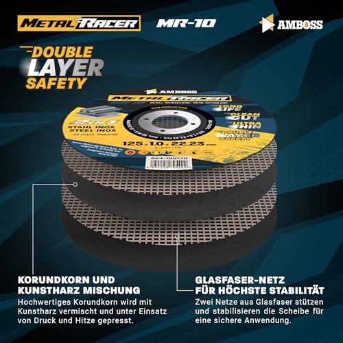 25x Metal Cutting Discs 125 x 1.0 mm Thin Flex Discs for Steel | Metal Racer by AMBOSS WERKZEUGE ist geeignet für Stahl & Edelstahl, Stahl/Inox Trennscheibe 125 passend für Winkelschleifer Diameter 125 mm – cutting disc Pack - 25 pieces