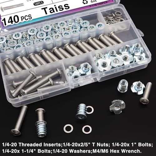 Taiss 140PCS 1/4-20 Threaded Inserts for Wood,T Nuts,1/4-20x 1", 1-1/4" Bolts Button Head Socket Cap Screws+60PCS 1/4"-20 Threaded Inserts for Wood