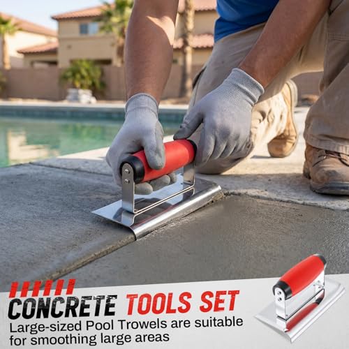 Large 20" & 16" Concrete Finishing Trowel Set, Stainless Steel Masonry & Plastering Finishing Trowels, Square & Round End Trowels with 6" x 3" 1/4" R Edger, DIY Patio, Driveway & Small Projects One Square, One Circle