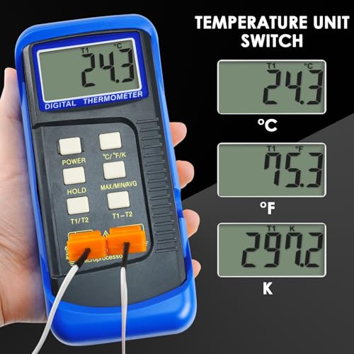 Dual Channel Thermocouple Thermometer Digital Temperature K Type Thermometer with 4 Probe (Wired & Stainless Steel) -50~1300°C (-58~2372°F) Range Temperature Meter Gauge Blue