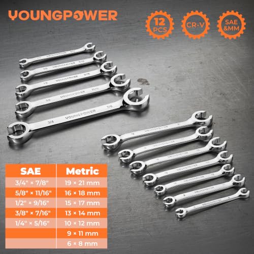 YOUNGPOWER 12-Piece Flare Nut Wrench Set, Brake Line Wrench Set
