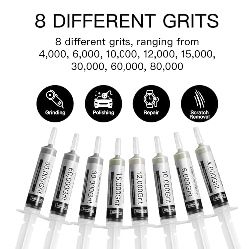Diamond Polishing Paste Kit with Wool Felt Buffing Wheel Set, 8 Syringes 4000 to 80000 Grit with 100PCS 1/8" Rotary Tool Felt Wheels, Bits and Mandrels for Metal, Glass, Jewelry, Stone and Resin